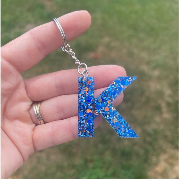 Blue Letter K Initial Keychain Handmade With Resin - Picture 3 of 5